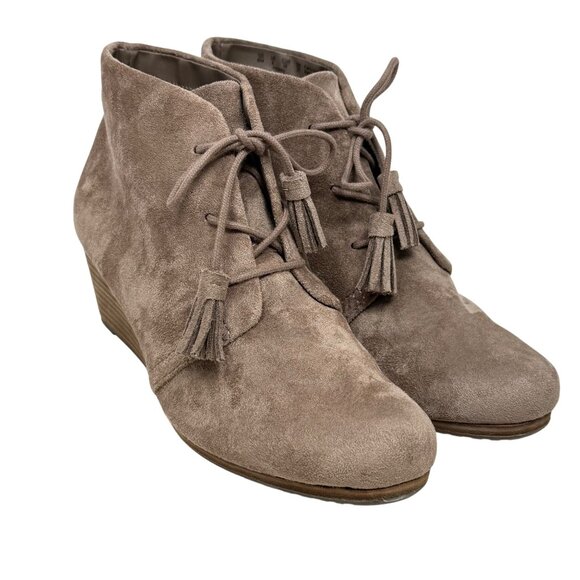 Dr. Scholls Womens Pierre Wedge Ankle Boots Booties Size 8M Tan Taupe Faux Suede - Picture 1 of 12